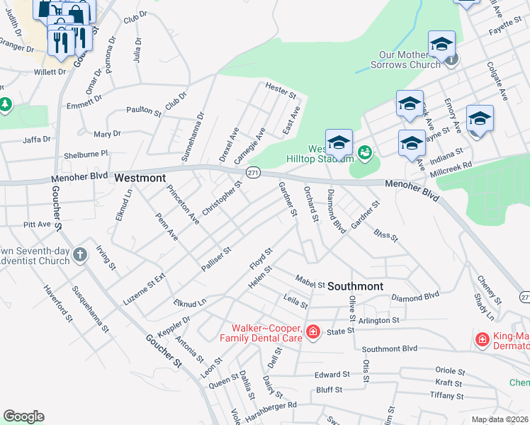 map of restaurants, bars, coffee shops, grocery stores, and more near 122 Palliser Street in Johnstown