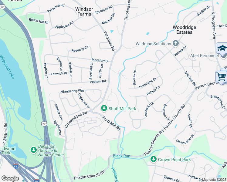 map of restaurants, bars, coffee shops, grocery stores, and more near 119 Wood Creek Court in Harrisburg