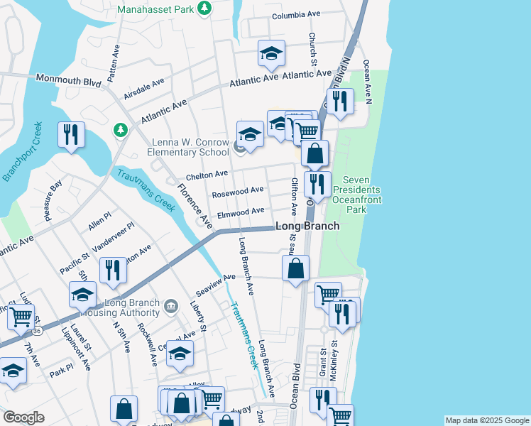 map of restaurants, bars, coffee shops, grocery stores, and more near 128 Elmwood Avenue in Long Branch