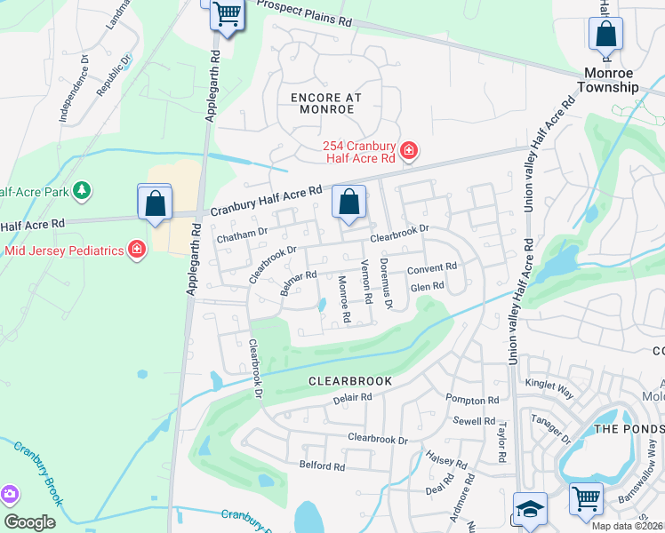map of restaurants, bars, coffee shops, grocery stores, and more near 163C Kalmia Plaza in Monroe Township