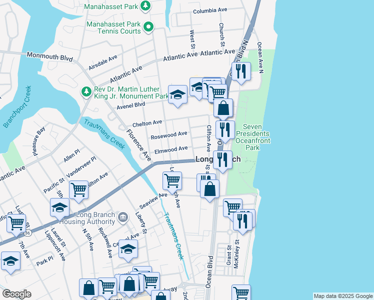 map of restaurants, bars, coffee shops, grocery stores, and more near 128 Elmwood Avenue in Long Branch