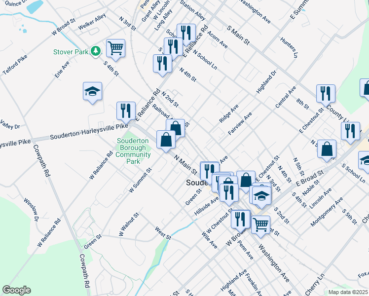 map of restaurants, bars, coffee shops, grocery stores, and more near 14 E Walnut St in Souderton