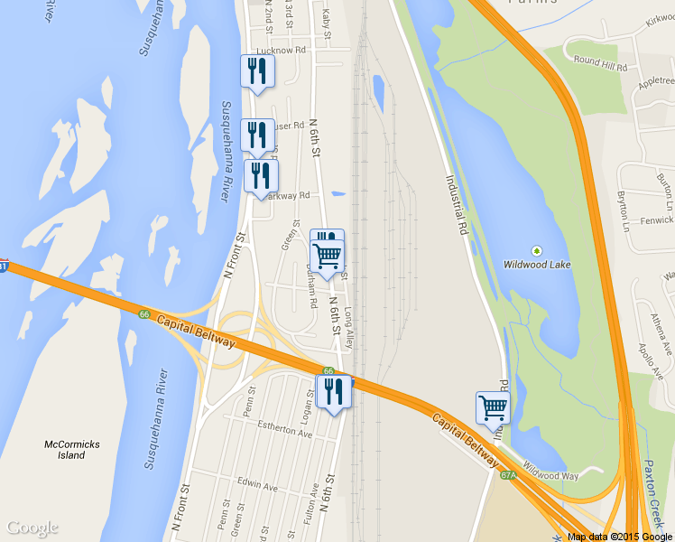 map of restaurants, bars, coffee shops, grocery stores, and more near 3923 North 6th Street in Harrisburg