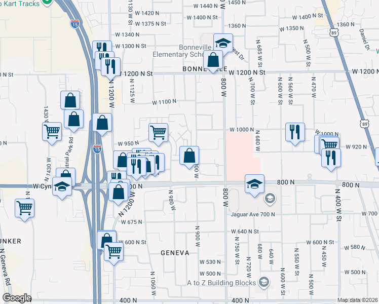 map of restaurants, bars, coffee shops, grocery stores, and more near 899 North 920 West in Orem