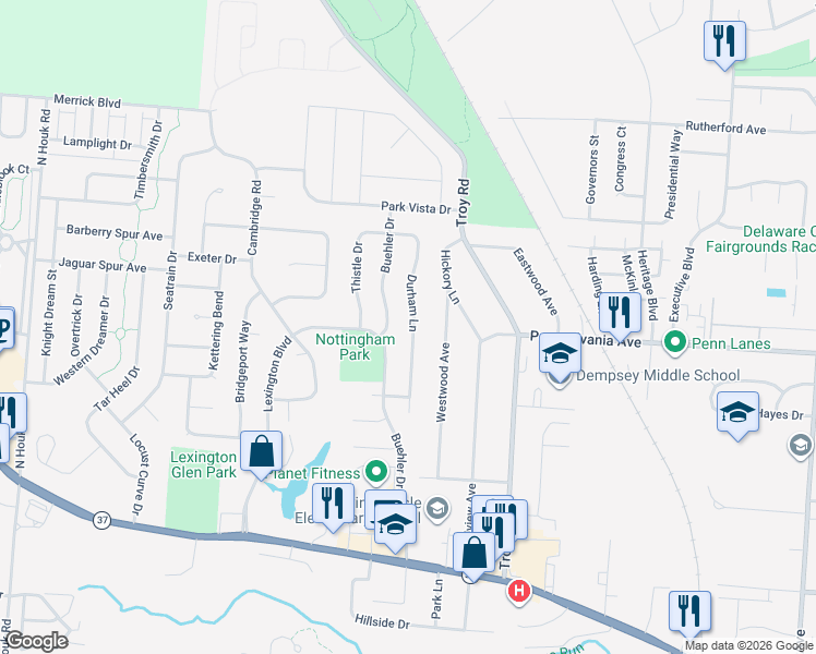 map of restaurants, bars, coffee shops, grocery stores, and more near 499 Durham Lane in Delaware