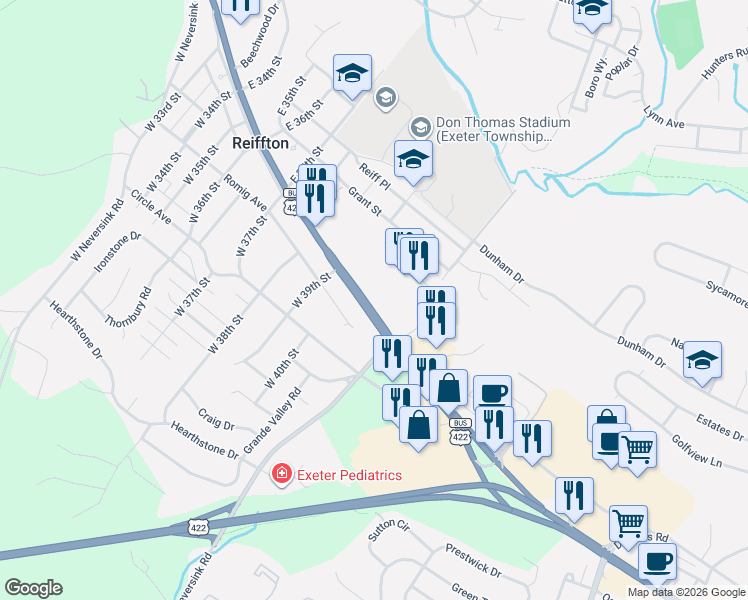 map of restaurants, bars, coffee shops, grocery stores, and more near 3933 Perkiomen Avenue in Reading