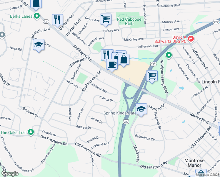 map of restaurants, bars, coffee shops, grocery stores, and more near 2614 Tennyson Avenue in Reading