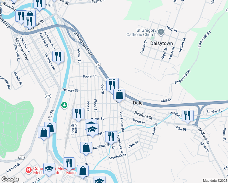 map of restaurants, bars, coffee shops, grocery stores, and more near 633 Bedford Street in Johnstown