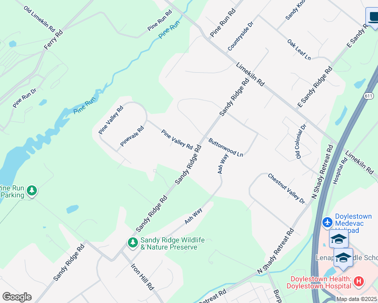 map of restaurants, bars, coffee shops, grocery stores, and more near 1 Pine Valley Road in Doylestown