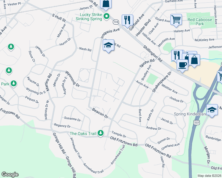 map of restaurants, bars, coffee shops, grocery stores, and more near 2815 Wyoming Drive in Sinking Spring