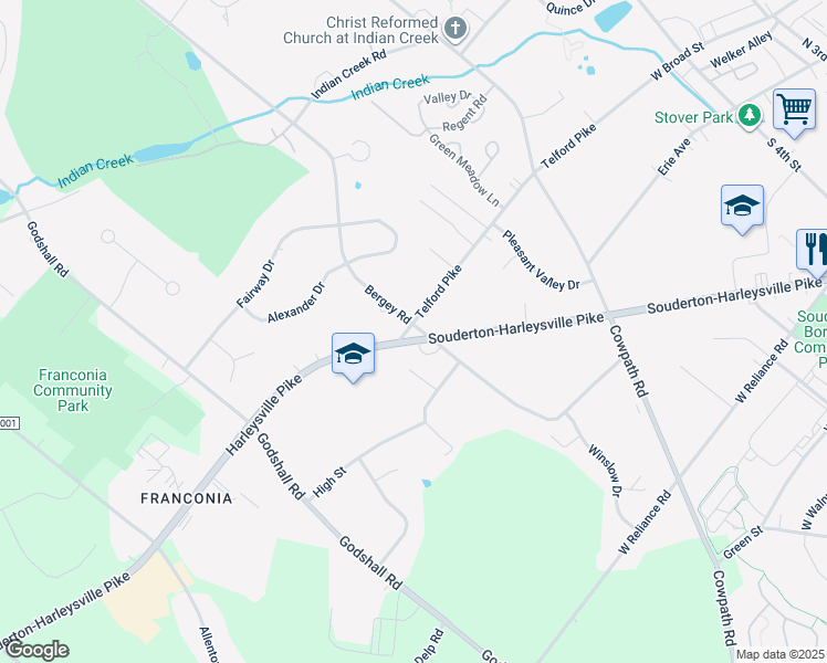 map of restaurants, bars, coffee shops, grocery stores, and more near 303 Harleysville Pike in Souderton