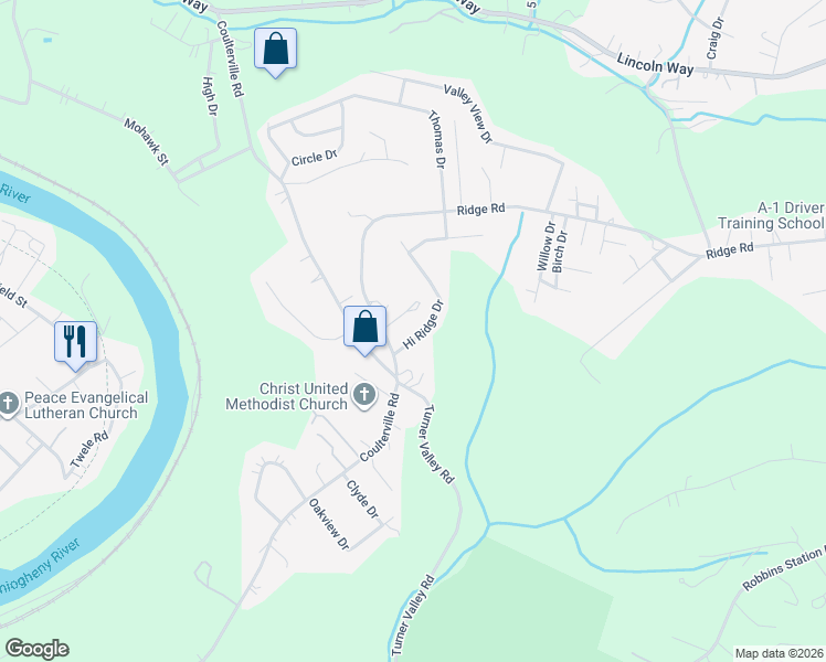map of restaurants, bars, coffee shops, grocery stores, and more near 2598 Hi Ridge Drive in Irwin