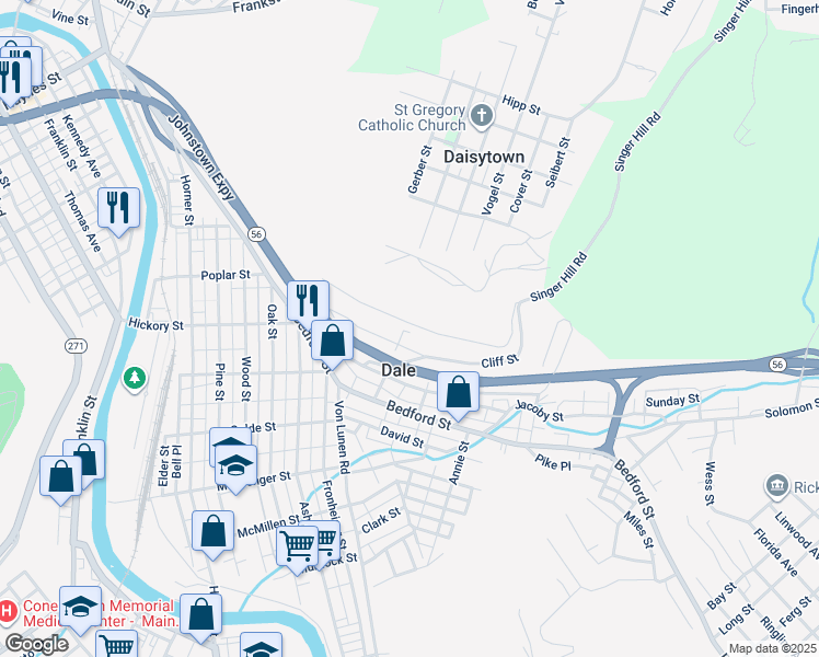 map of restaurants, bars, coffee shops, grocery stores, and more near 305R Cliff Street in Johnstown
