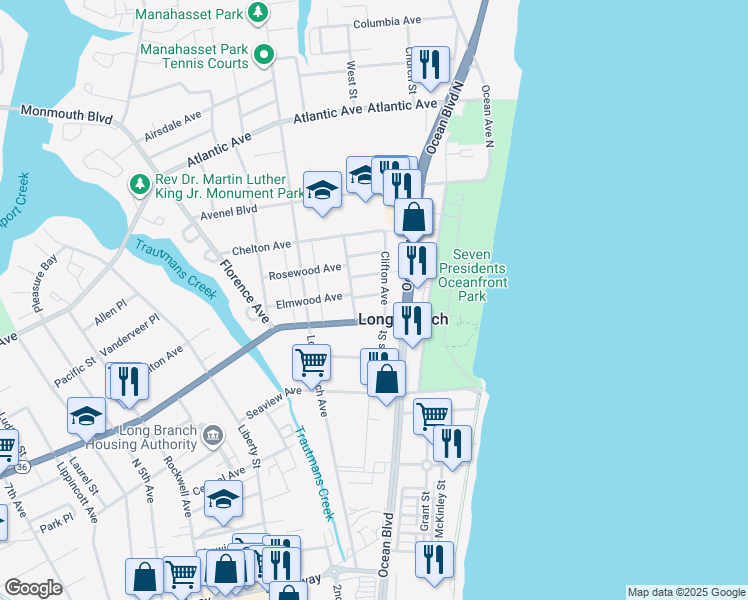 map of restaurants, bars, coffee shops, grocery stores, and more near 88 Baker Place in Long Branch