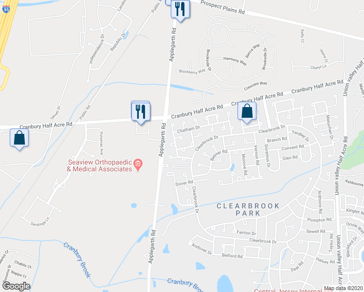 map of restaurants, bars, coffee shops, grocery stores, and more near 102C Dogwood Plaza in Monroe Township