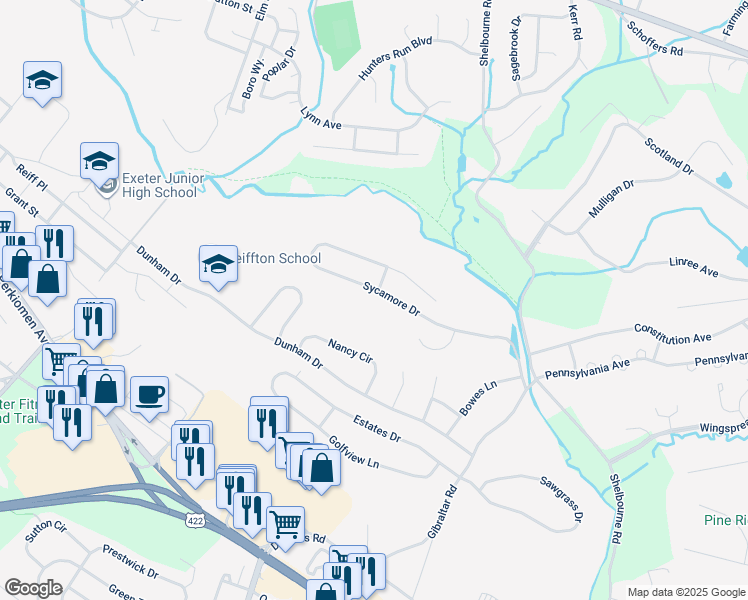 map of restaurants, bars, coffee shops, grocery stores, and more near 21 Sycamore Drive in Reading
