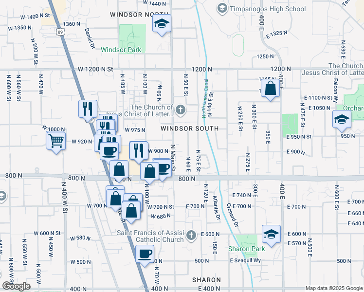 map of restaurants, bars, coffee shops, grocery stores, and more near 912 North 60 East in Orem