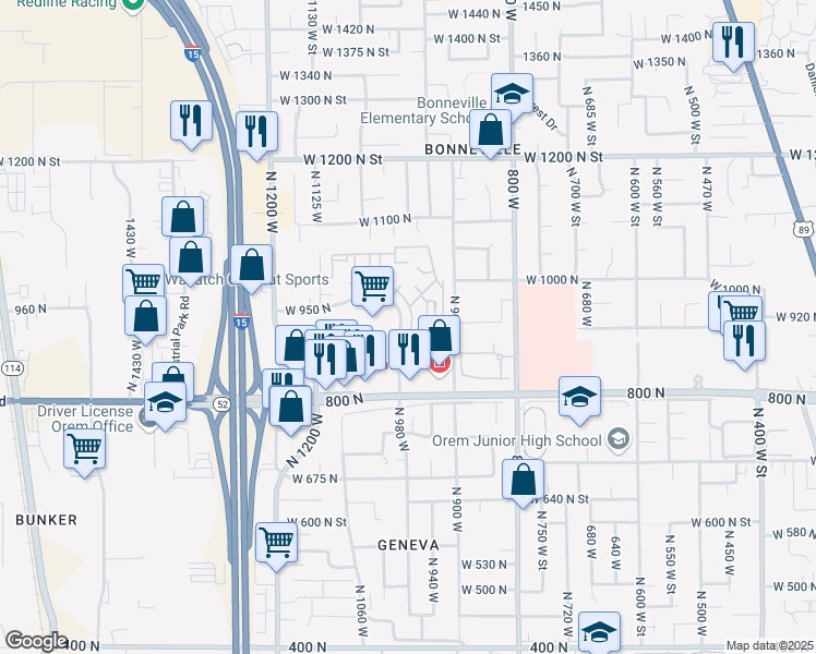 map of restaurants, bars, coffee shops, grocery stores, and more near in Orem