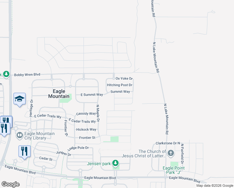 map of restaurants, bars, coffee shops, grocery stores, and more near 2341 Jim Bridger Drive in Eagle Mountain