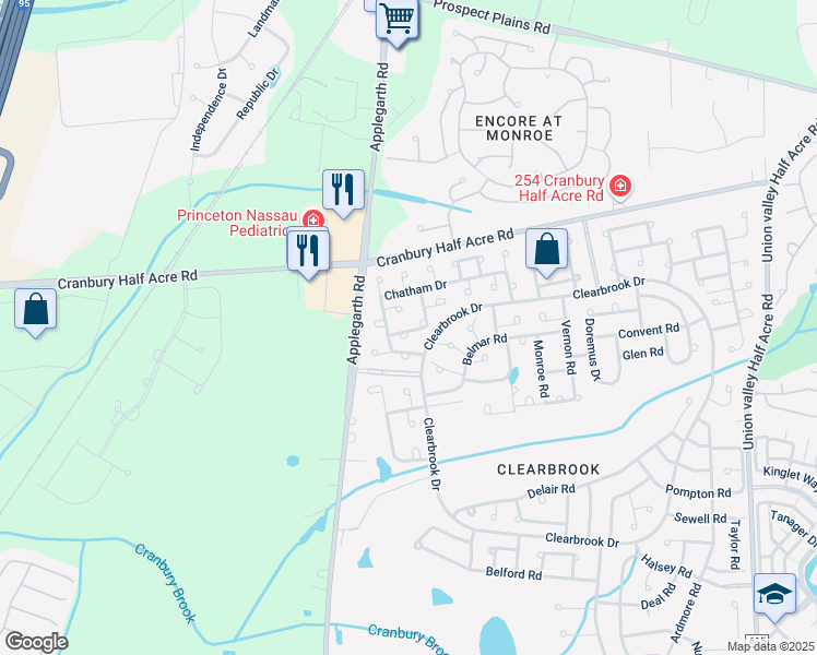 map of restaurants, bars, coffee shops, grocery stores, and more near 102A Dogwood Plaza in Monroe Township