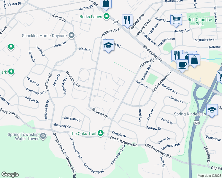 map of restaurants, bars, coffee shops, grocery stores, and more near 2813 Wyoming Drive in Reading