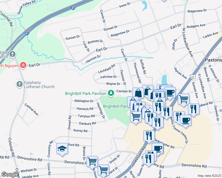 map of restaurants, bars, coffee shops, grocery stores, and more near 117 Carolyn Street in Harrisburg