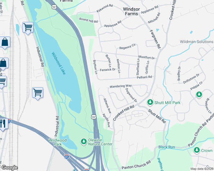 map of restaurants, bars, coffee shops, grocery stores, and more near 104 Willow Court in Harrisburg