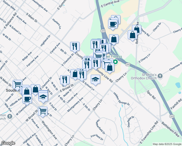 map of restaurants, bars, coffee shops, grocery stores, and more near 644 East Broad Street in Souderton