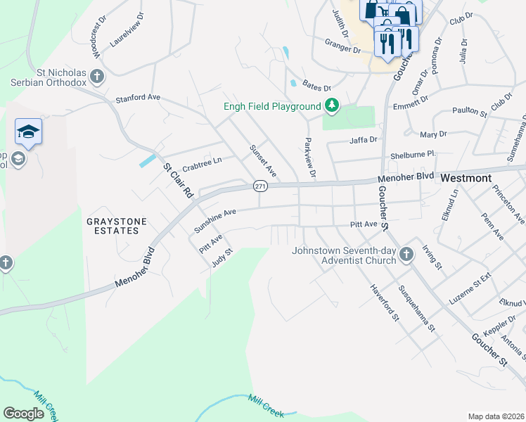 map of restaurants, bars, coffee shops, grocery stores, and more near 2201-2263 Sunshine Ave in Johnstown