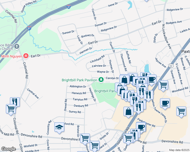 map of restaurants, bars, coffee shops, grocery stores, and more near 123 Carolyn Street in Harrisburg