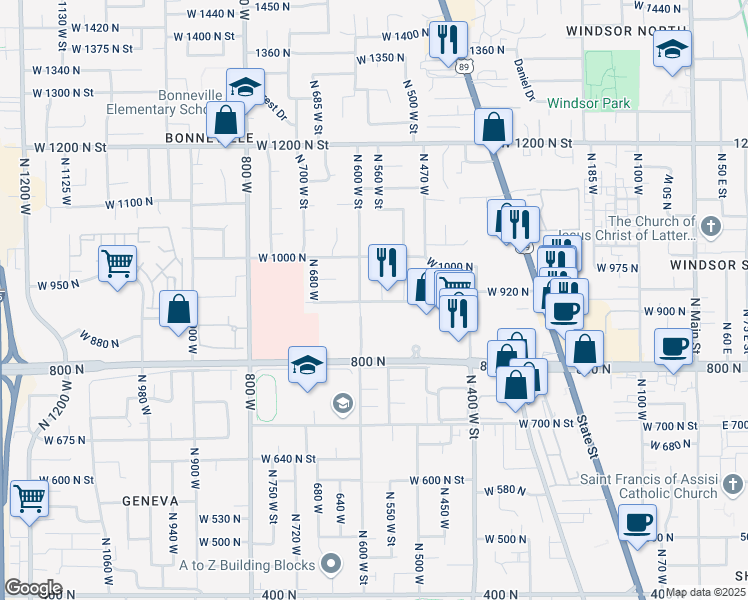 map of restaurants, bars, coffee shops, grocery stores, and more near 574 West 920 North Street in Orem