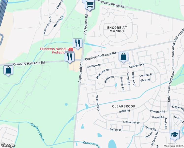 map of restaurants, bars, coffee shops, grocery stores, and more near 102A Dogwood Plaza in Monroe Township