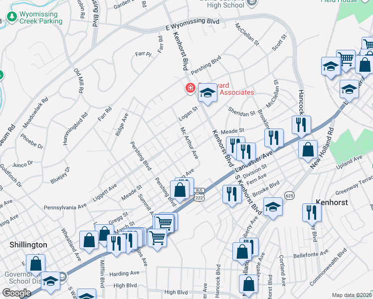 map of restaurants, bars, coffee shops, grocery stores, and more near 1431 Meade Street in Shillington