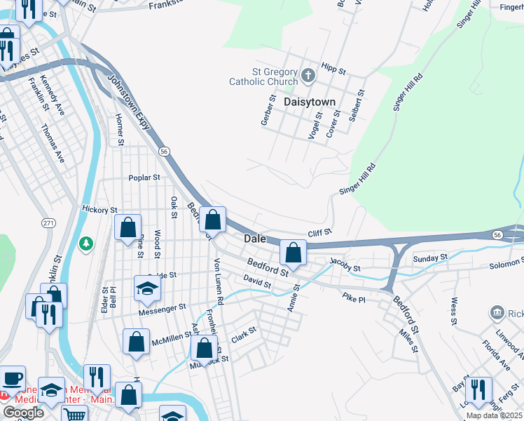 map of restaurants, bars, coffee shops, grocery stores, and more near 305R Cliff Street in Johnstown