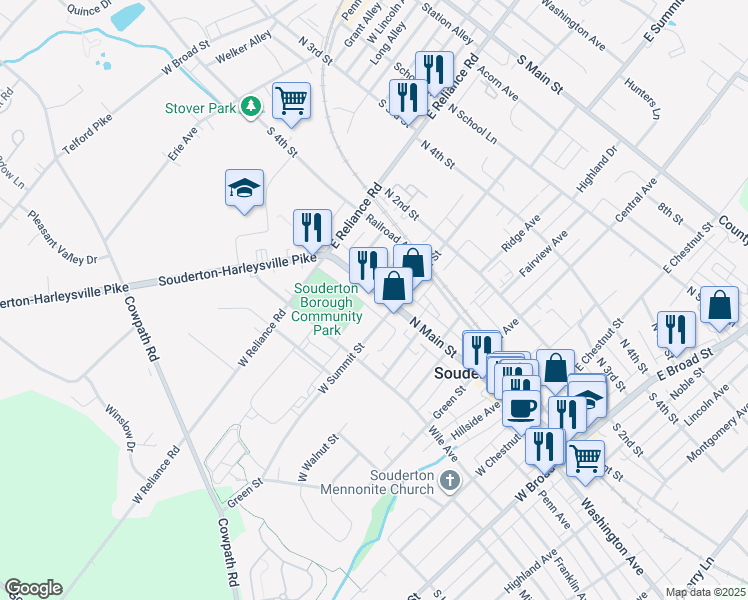 map of restaurants, bars, coffee shops, grocery stores, and more near 422 North Main Street in Souderton