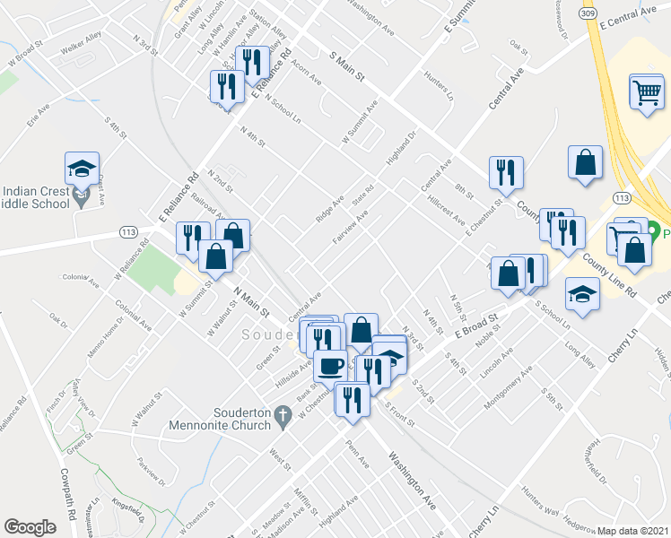 map of restaurants, bars, coffee shops, grocery stores, and more near 219 Central Avenue in Souderton