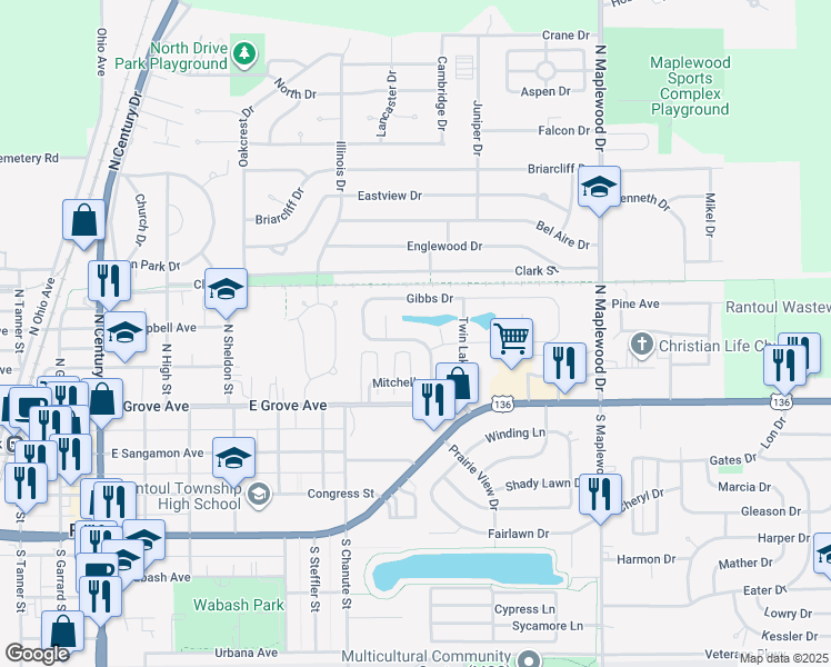 map of restaurants, bars, coffee shops, grocery stores, and more near 322 Gibbs Drive in Rantoul