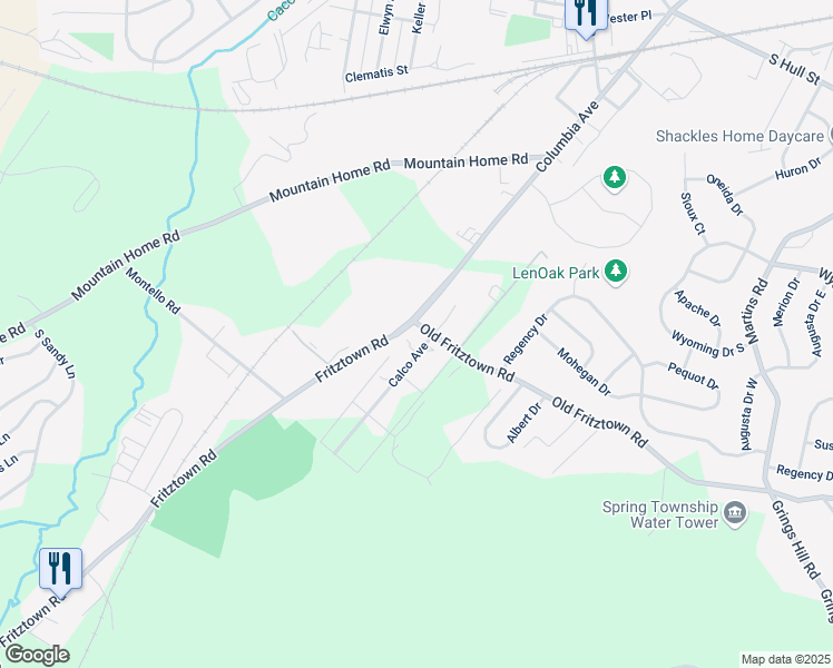 map of restaurants, bars, coffee shops, grocery stores, and more near 1505 Old Fritztown Road in Reading