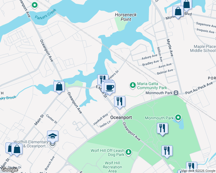 map of restaurants, bars, coffee shops, grocery stores, and more near 13 Lake Drive in Oceanport