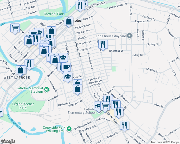 map of restaurants, bars, coffee shops, grocery stores, and more near 612 Saint Clair Street in Latrobe