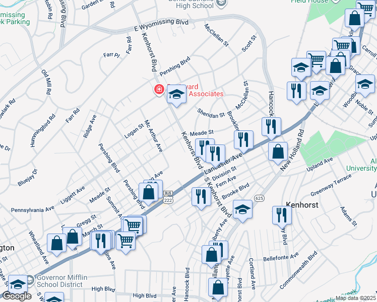 map of restaurants, bars, coffee shops, grocery stores, and more near 106 Kenhorst Boulevard in Reading