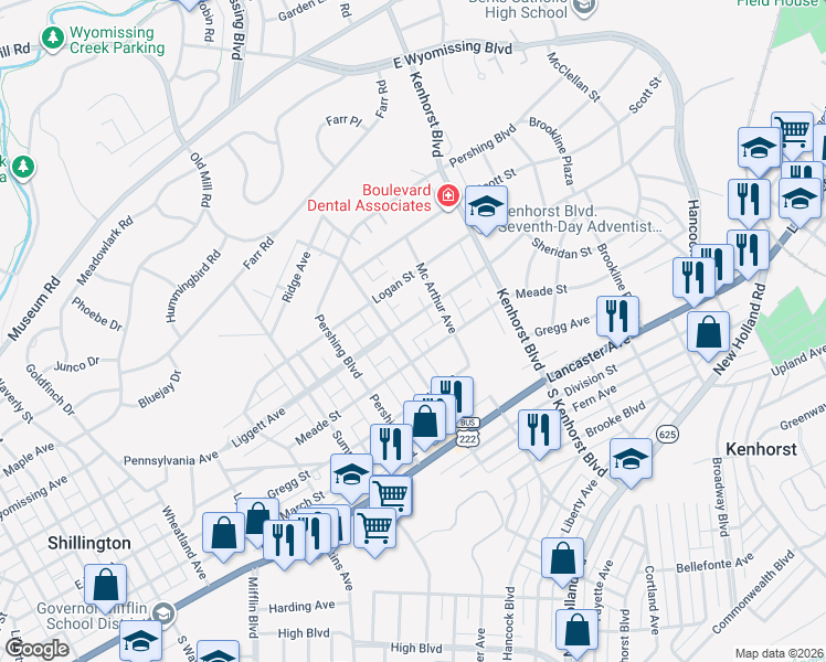 map of restaurants, bars, coffee shops, grocery stores, and more near 1431 Meade Street in Shillington