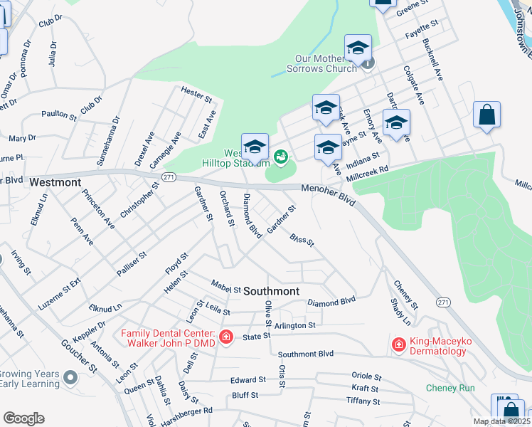 map of restaurants, bars, coffee shops, grocery stores, and more near 199 Lucetta St in Johnstown