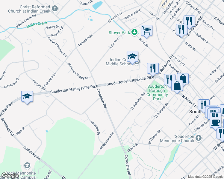 map of restaurants, bars, coffee shops, grocery stores, and more near 174 Harleysville Pike in Souderton