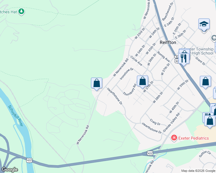 map of restaurants, bars, coffee shops, grocery stores, and more near 67 Hearthstone Drive in Reading
