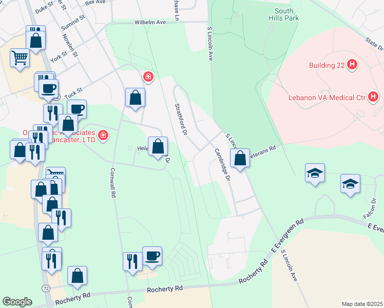 map of restaurants, bars, coffee shops, grocery stores, and more near 114 Monticello Drive in Lebanon