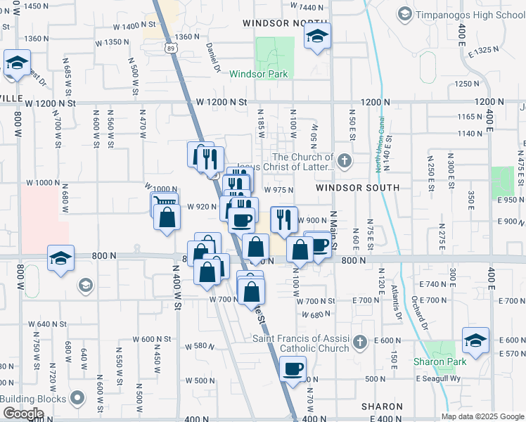 map of restaurants, bars, coffee shops, grocery stores, and more near 191 West 930 North Street in Orem