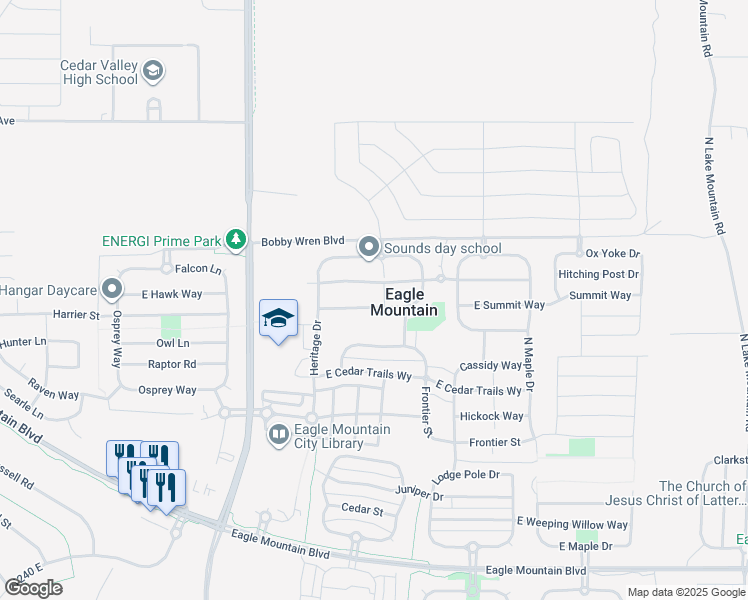 map of restaurants, bars, coffee shops, grocery stores, and more near 1872 East Independence Way in Eagle Mountain