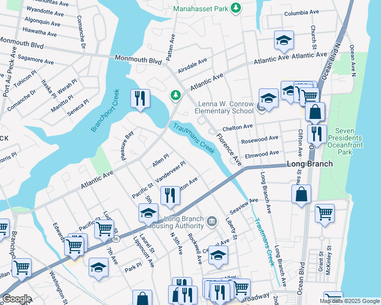 map of restaurants, bars, coffee shops, grocery stores, and more near 293 Liberty Street in Long Branch
