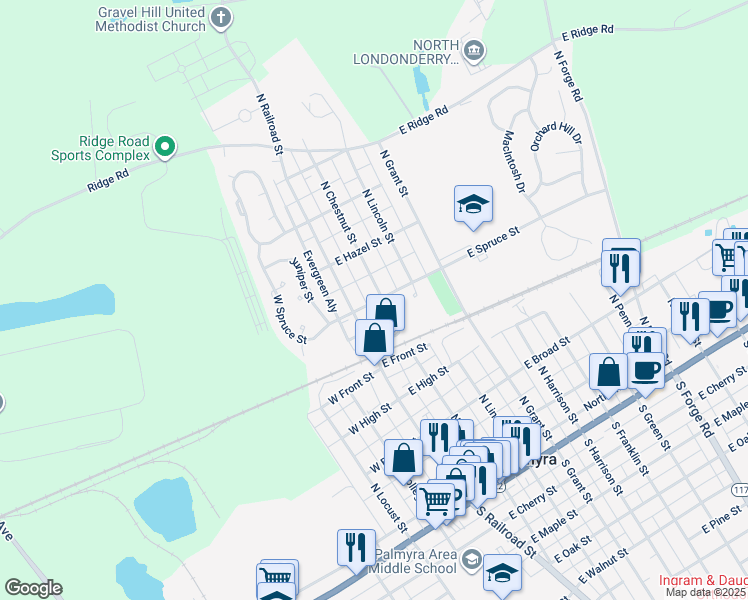map of restaurants, bars, coffee shops, grocery stores, and more near 500 North Railroad Street in Palmyra